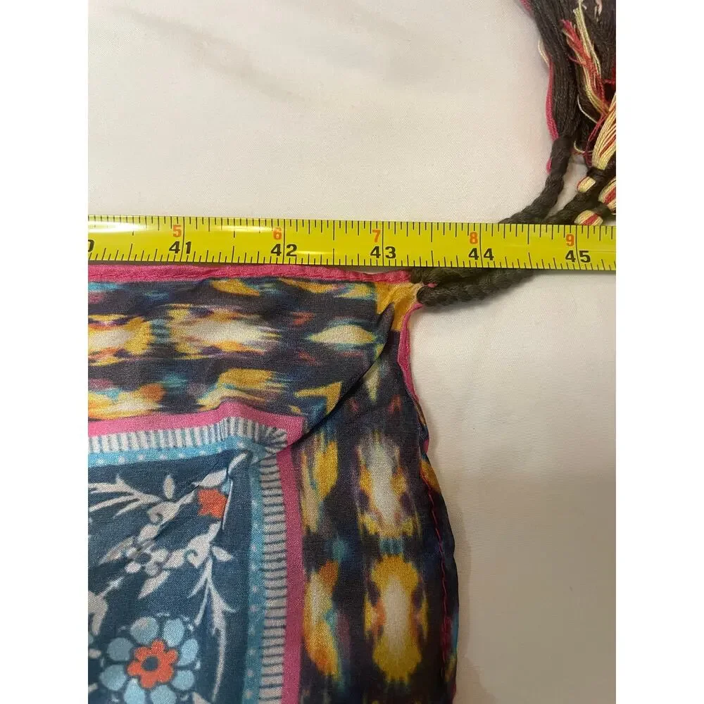 Johnny Was Silk Scarf Large Square Patchwork Boho Tassel Wrap Pink Blue
